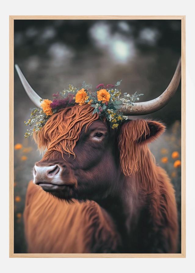 Highland Cow With Flowers Plakát
