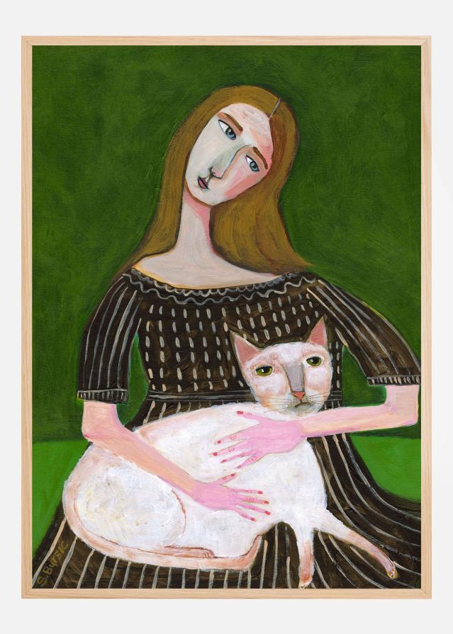 vintage lady with white cat Plakát