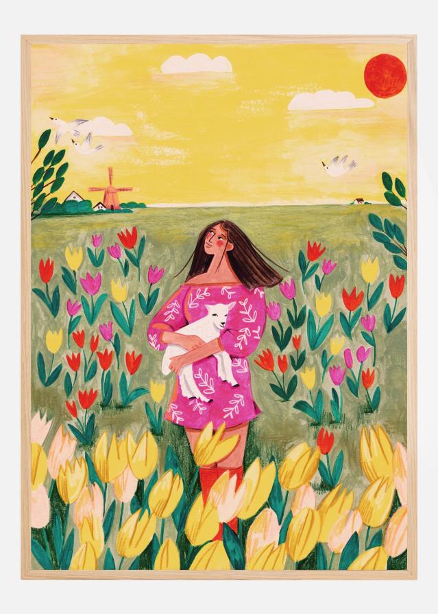 Woman in spring tulip field Plakát