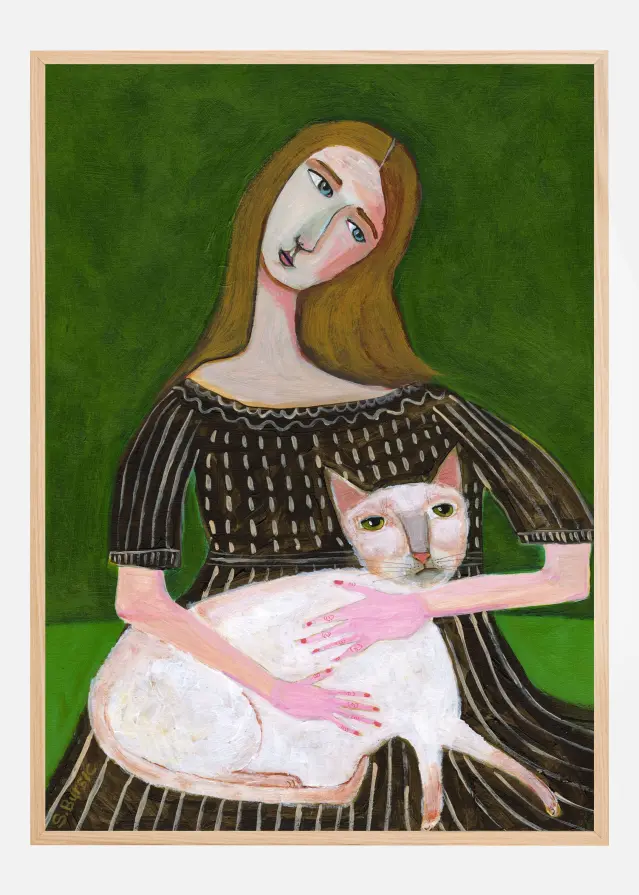 vintage lady with white cat Plakát