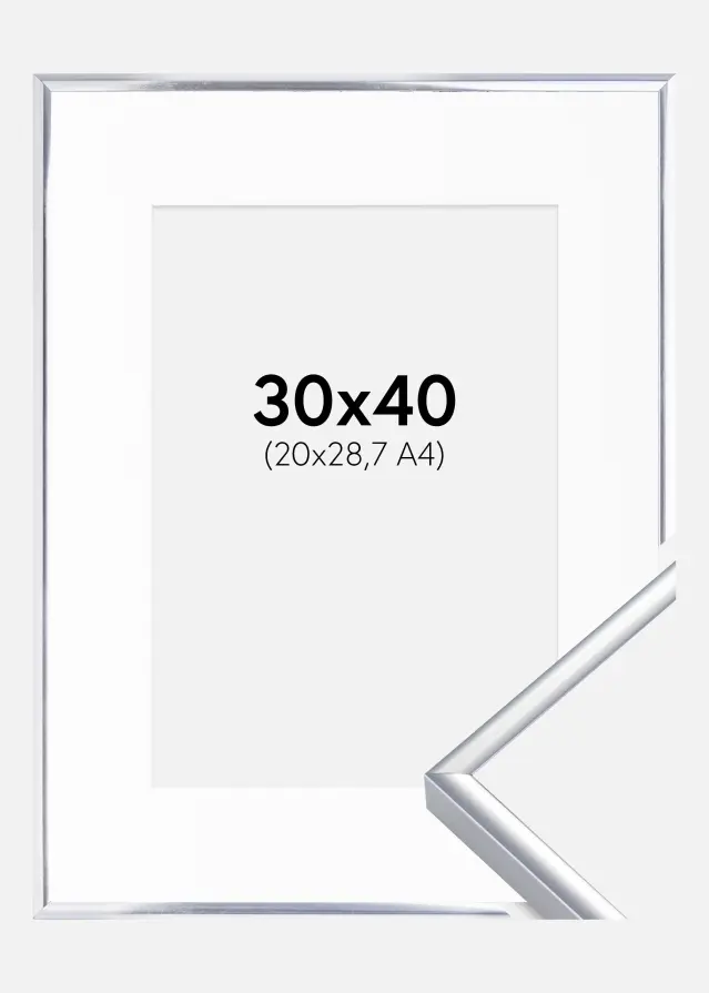 Rám Hliník Leskle Stríbrná 30x40 cm - Pasparta Bílá 21x29,7 cm (A4)