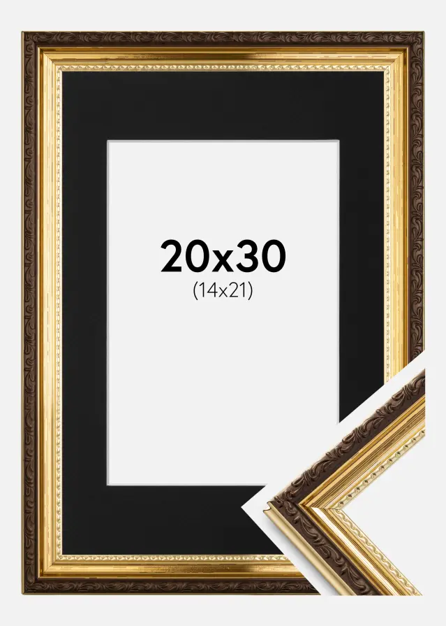 Rám Abisko Zlatá 20x30 cm - Pasparta Cerná 15x22 cm