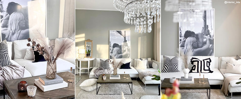 Bílý velký rám s černobílou fotografií v světlém obývacím pokoji