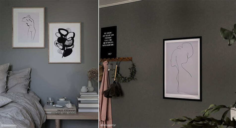 Světlé, grafické plakáty na tmavých stěnách