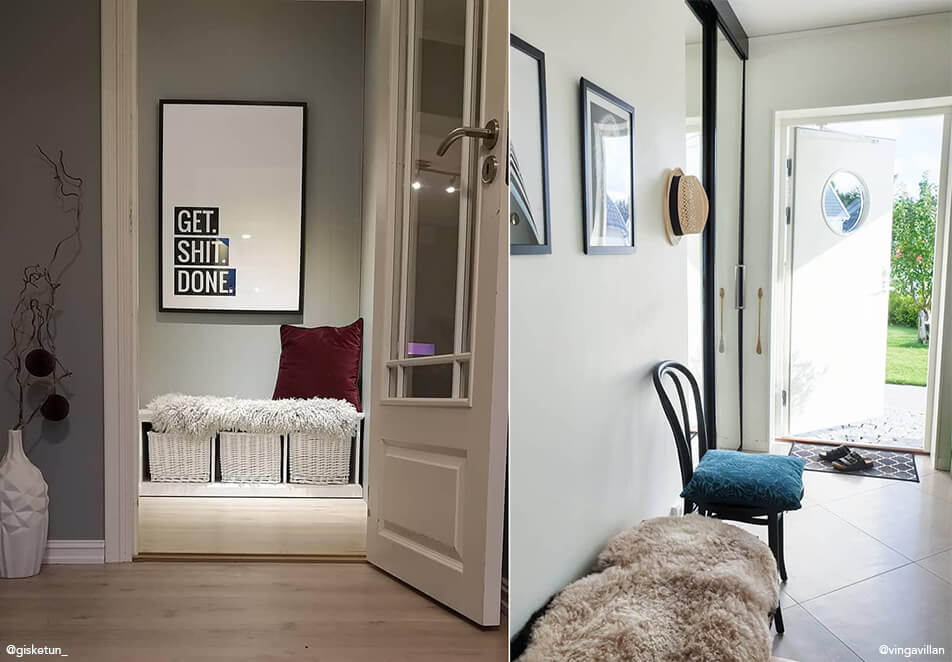 Zařízení předsíně – lavice s úložným prostorem, černá židle a obrazy