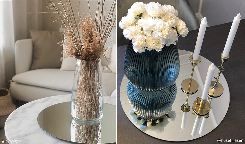 Kulaté zrcadlo jako podnos na svíčky a květiny